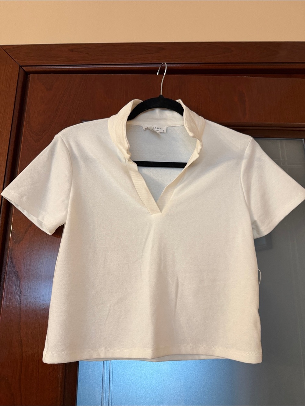 Cream Short-Sleeve V-Neck Top with Soft Collar